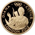 2012年英国伦敦奥运「戴安娜皇妃」、「墨丘利」及「尼普顿」精铸金币一组3枚，包括25镑2枚，各重8.51克，及100镑一枚，重34.05克，总含金量46.82克，均PCGS PR69DCAM，连原盒