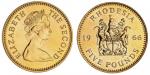 Rhodesia, Elizabeth II (1952-2022), Gold Five-Pounds, 1966, tiara head right, rev. coat-of-arms, edg