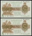 1927年英伦银行纸币一对，面值一镑，编号W1 39 465758-759, 均AU，中间有折