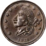 1838 Mint Drop. HT-63, Low-55, DeWitt-CE 1838-14, W-11-430a. Rarity-1. Copper. Plain Edge. 29 mm. AU