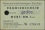 Concentration Camp Dachau, Prämienschein for 1 Reichsmark, serial number 176613, black print on blue