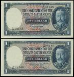 Straits Settlements, consecutive pair of $1, 1934, serial numbers E/68 98145 and E/68 98146, blue on