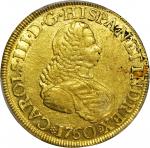 COLOMBIA. 1760-JV 8 Escudos. Santa Fe de Nuevo Reino (Bogotá) mint. Carlos III (1759-1788). Restrepo
