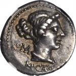 ROMAN REPUBLIC. M. Porcius Cato. AR Denarius (3.89 gms), Rome Mint, ca. 89 B.C. NGC Ch EF, Strike: 4