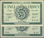 ALGERIA. Lot of (2). Banque de lAlgérie. 5 Francs, 1942. P-91. About Uncirculated.
