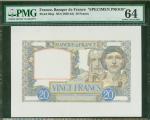 1939-42年法国银行20法郎单面试印票，PMG64