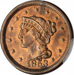 1853 Braided Hair Cent. N-10. Rarity-1. Grellman State-b. MS-63 RB (PCGS).