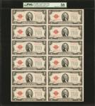 Uncut Sheet of (12) Fr. 1507. 1928-F $2 Legal Tender Note. PMG Choice About Uncirculated 58.