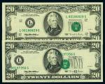 美国1995年20元错体钞一枚带，正带钞一枚作为比较，字轨：L00197356G、L00186829G，少见，九成至九五成新