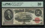 1917年美国美国券2元，编号D98511666A，红印，PMG 30