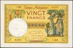 1937-47年马达加斯加银行20法郎。MADAGASCAR. Banque de Madagascar. 20 Francs, ND (1937-47). P-37. Uncirculated.