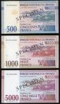 1994年卢安达国家银行500, 10000及5000法郎样票，编号AA0000000，UNC品相，有黄。Rwanda, Banque Nationale, set of 3 specimens fo