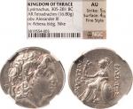 古希腊最早的亚历山大头像四德拉克马银币一枚，NGC评级AU近未流通，工艺最高分5/5，底板4/5分，加注风格精致（fine style）。重16.8克，直径30毫米，厚约4毫米 公元前305-前281