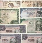 El Banco de Espana, 100 pesetas, 1965, brown, 1000 pesetas, 1965, green, 100 pesetas, 1970, brown, 5