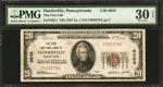 Harrisville, Pennsylvania. $20 1929 Ty. 1. Fr. 1802-1. The First NB. Charter #6859. PMG Very Fine 30