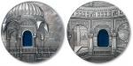帕劳2016年“蒂凡尼艺术”10美元纪念银币一枚，主题为耆那教艺术风格，正面图案均为印度“杰伊瑟尔梅尔”的耆那教建筑景观；高浮雕工艺，镂空镶嵌彩色玻璃；十分精美华丽，海外回流，金盾PCGS SP69