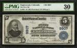 Englewood, Colorado. $5 1902 Plain Back. Fr. 601. The First NB. Charter #9907. PMG Very Fine 30.