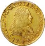 1742-Mo MF年墨西哥8 Escudos金币。墨西哥城造币。 MEXICO. 8 Escudos, 1742-Mo MF. Mexico City Mint. Philip V. PCGS AU