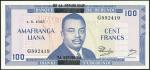 Banque de la Republique du Burundi, 100 francs, 1 May 1965, serial number G892419, blue on multicolo