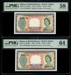 1953年英属马来亚及北婆罗州1元连号一对，编号A鳄20 886494-5，分别评PMG 58及64