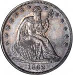 1862 Pattern Liberty Seated Half Dollar. Judd-293, Pollock-351. Rarity-5. Silver. Reeded Edge. Proof