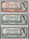 CANADA. Lot of (3). Bank of Canada. 1 & 5 Dollars, 1954. P-BC-29a, 29b, & 30b. Uncirculated.