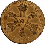 1712-N French Colonies 6 Deniers, or “Sols de Dardennes.” Montpelier Mint. Gadoury-85. Refrappe. MS-