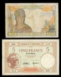 Banque De L Indochine, a pair of 5 piastres, ND, and 5 francs, Noumea, 1926, serial numbers L.2673 4