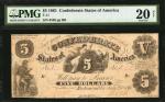 T-11. Confederate Currency. 1861 $5. PMG Very Fine 20 Net. Repaired, Piece Added.