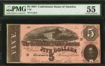 T-69. Confederate Currency. 1864 $5. PMG About Uncirculated 55. Low Serial Number 2.