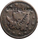 S.R. TRELEASE on an 1835 Braided Hair large cent. Brunk T-412, Rulau-Unlisted. Host coin Fine. 