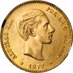 SPAIN. 25 Pesetas, 1877 (77)-DE M. Madrid Mint. Alfonso XIII. NGC MS-65.