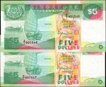 1989年新加坡货币发行局伍圆。替补券。Choice Uncirculated.