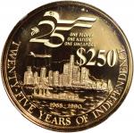1990年新加坡建国二十五週年纪念金币250元，带原包装与证书，NGC PF70UC，#6137434-005。Singapore, gold $250, 1990SM, 25th Anniversa