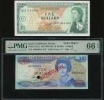 1965年东加勒比5元，VU区票，编号D17 723550，另枚1985-93年10元样票，$5 UNC，10元PMG 66EPQ