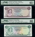 The Central Bank of Bahamas, 1/2 dollar, 1 dollar, 1968-74), serial numbers C984786, J/1 206403, (Pi