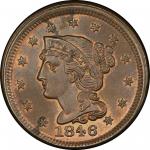 1846 Braided Hair Cent. Newcomb-5. Small Date. Rarity-2. Mint State-65 RB (PCGS).