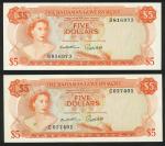 Bahamas Government, $5 (2), 1967, prefixes B and C, orange and pale green, Elizabeth II at left, val