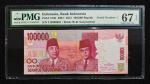 2004年印尼100000盾，编号TJJ000001，PMG67EPQ。Indonesia, 100,000 Rupiah, 2004/2012, lucky serial number TJJ000