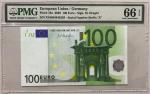 2002年欧洲中央银行100欧元，德国版，编号X18584845283，PMG66EPQ