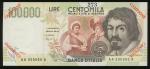 Banca dItalia, specimen 100000 lire, 1994, serial number AA 000000 A, brown, green and pink, Caravag