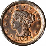 1853 Braided Hair Cent. N-19. Rarity-1. Repunched Date. MS-64 RB (PCGS).