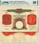英属马来亚1942年国王乔治六世像100元，新马纸币之罕见大名誉品，票幅硕大，设计精美，纸张硬挺，纹理清晰，色彩浓郁醇厚，原汁原味，极为难得，八成新（低评，PMG-30/2212841-013）