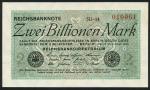 Reichsbanknote, 2 billion mark, 5 November 1923, red serial number 010061, black text on green and p