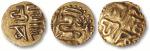 古印度佛陀图案打制金币三枚，重约1.7g，XF，敬请预览