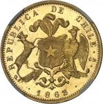 CHILIRépublique. 10 pesos, d aspect Flan bruni (PROOFLIKE) 1863/3, S°, Santiago.