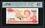1985-89年纽西兰5元样票，编号JGW 000000，PMG 67EPQ，Bradbury厂印制，德拉鲁加盖. New Zealand, specimen $5, (1985-89), seria