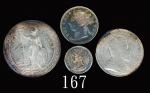1874H年香港银币一毫、1891贰毫、1905半圆，及1911B英国贸易银圆，共四枚评级品1874H HK Silver 10 Cents, 1891 20 Cents, 1905 Half Dol