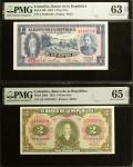 COLOMBIA. Lot of (2). El Banco de la Republica. 1 & 2 Pesos Oro, 1953-55. P-390d & 398. PMG Choice U