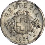SWITZERLAND. 20 Rappen, 1851-BB. Strasbourg Mint. NGC MS-63.
